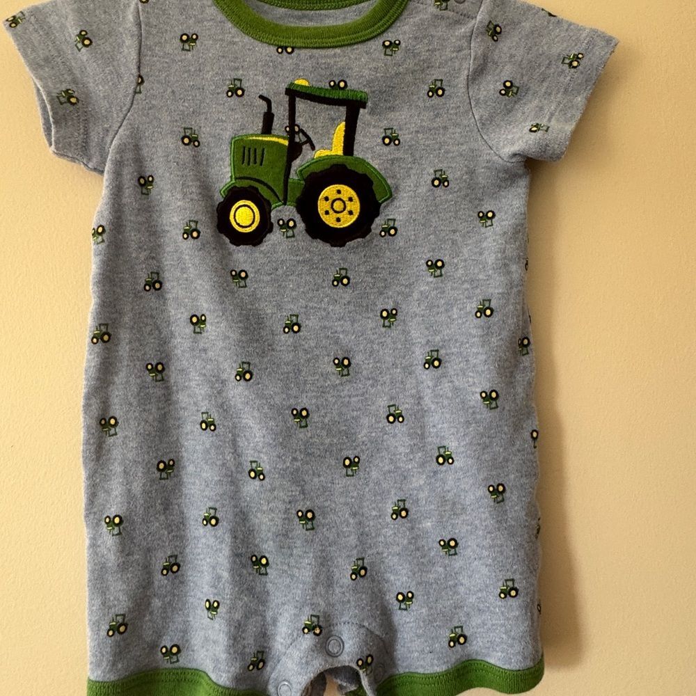 John Deere Blue Green Tractor Short Sleeve Baby Romper Size 3-6 Months